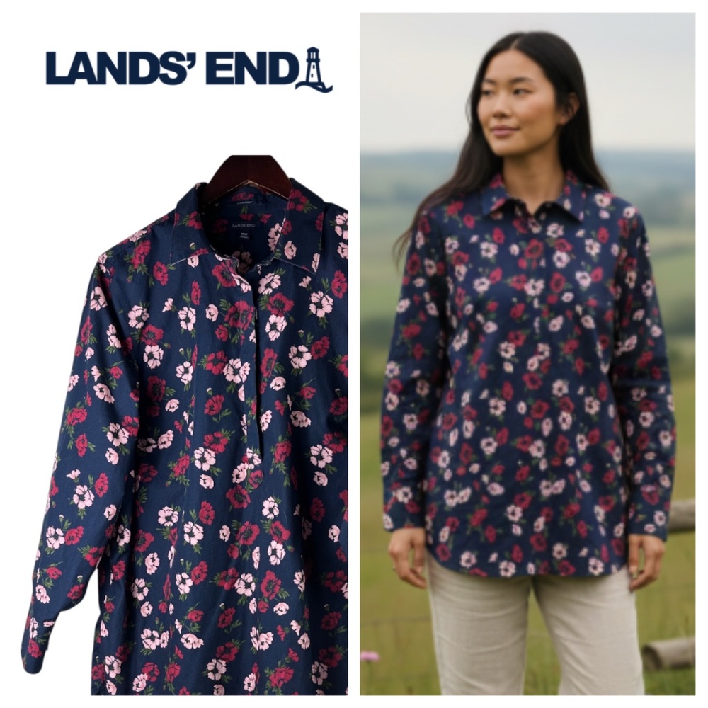 Lands End Blouse Popover Shirt Top 18W 1X 2X Floral Blue Pink Cottage Career